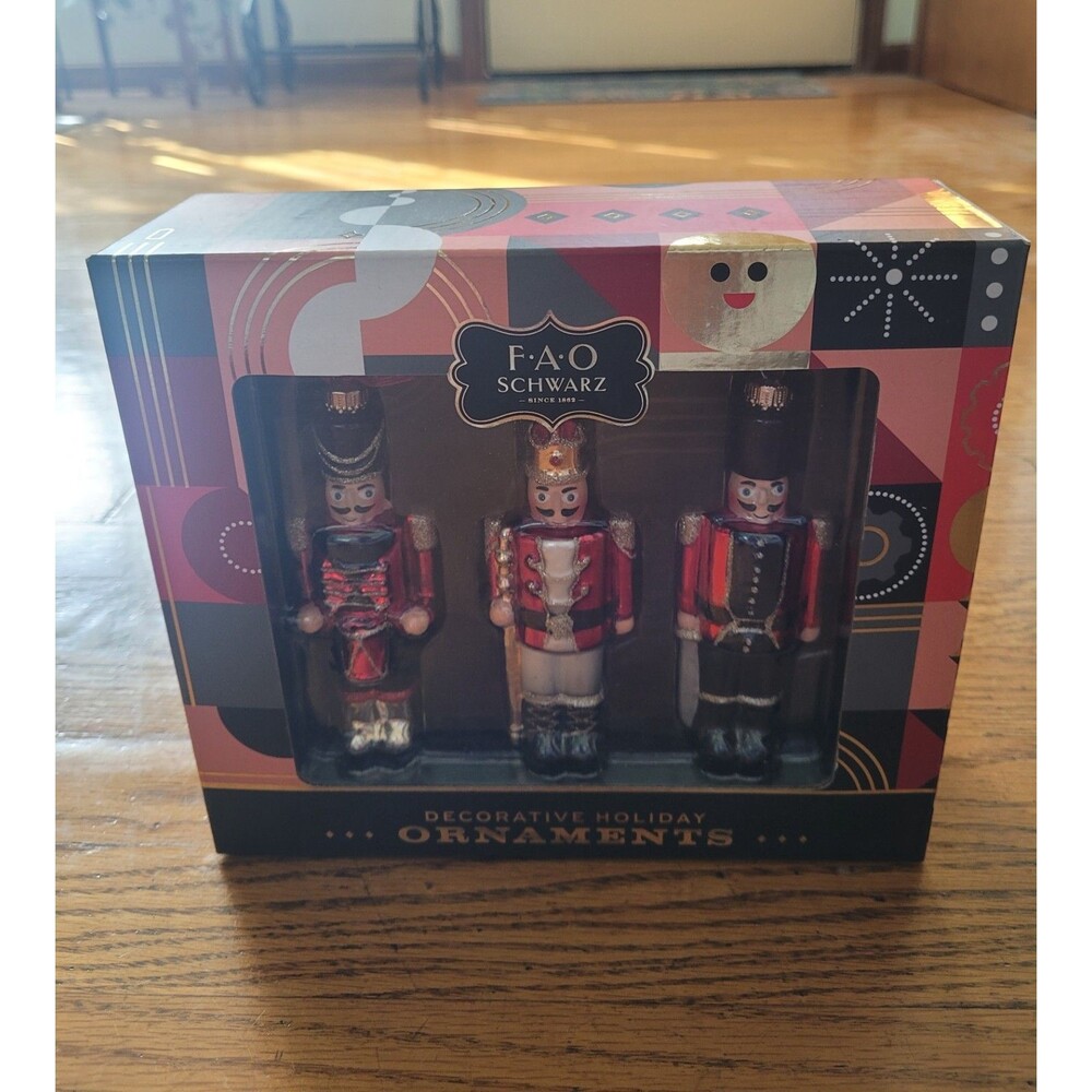 FAO Schwarz Set of 3 Hand Painted Glass Nutcracker Ornaments